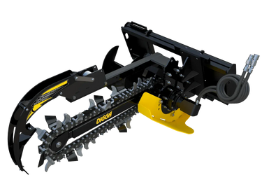 This type of machine is called a trencher. It has a long, sharp chain that is mounted on a metal bar. The bar is attached to a motor that drives the chain. The machine has two handles that allow the operator to control it.